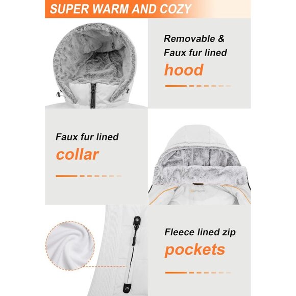 π Women White Down Puffer Jacket Warm Winter Faux-Fur Collar Hood Coat Comfort - Picture 5 of 7